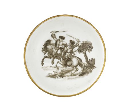 Three Du Paquier saucers, circa 1725-1730One painted in Schwarzlot with two horsemen in combat, the second painted in grey mo