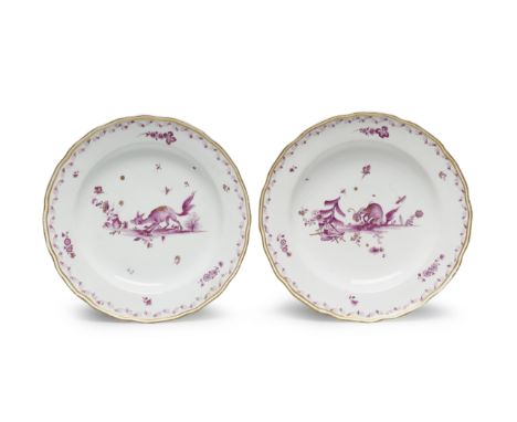 Two Meissen plates, circa 1735-40Each painted in purple monochrome heightened in gilding with a Fabeltier, or mythical animal