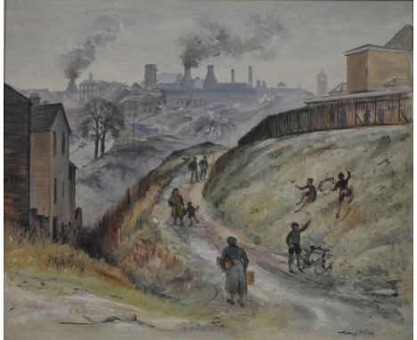 Thomas G. Hill (british 1913-1984), "Northern Industrial Town"
Painted with chimneys in the background and children playing i