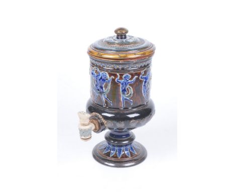 A Doulton Lambeth water filter, dated 1882
The spreading circular base, rising to a knopped base, the bulbous cylindrical bod