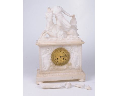 A French alabaster mantel clock, late 19th Century, Portefais of Paris
The carved upper finial with figural depiction of Dian