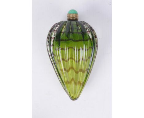 An early 20th Century glass toiletry or perfume bottle, possibly French
The green glass banded bottle of tear drop form, surm