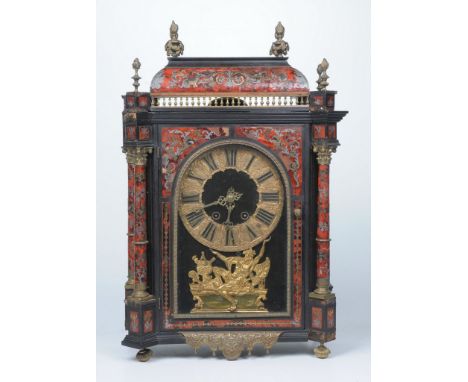 A French simulated boulle marquetry bracket clock, 19th/20th Century
The caddy top adorned with flame and urn from finials ab