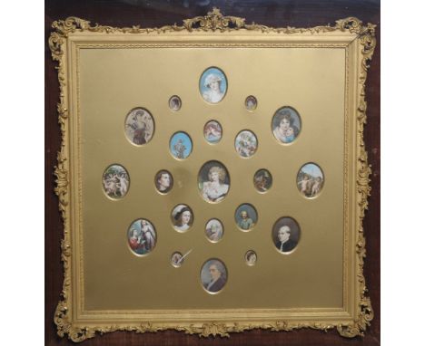 A 19th/20th Century portrait miniature framed montage
The gilt frame with twenty one apertures, enclosing printed polychrome 