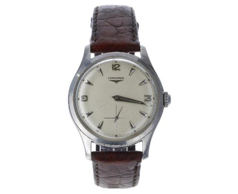 Longines stainless steel gentleman's wristwatch, case no. 6263 18, 699, serial no. 10720xxx, circa 1958, silvered dial with A