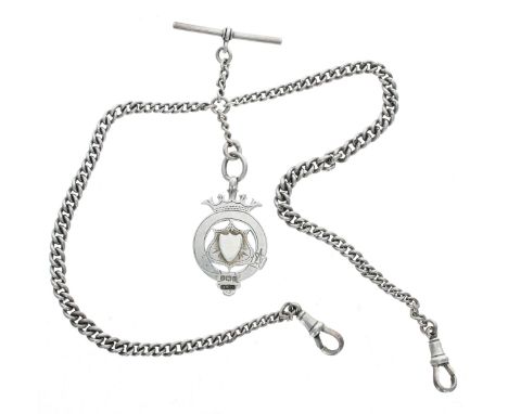 Silver graduated double watch Albert chain, with silver T-bar, two silver clasps and silver medallion fob, 29.7gm, 15.5'' lon