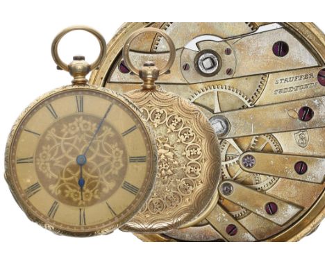 Attractive Stauffer 18ct cylinder engraved pocket watch, signed gilt frosted bar movement, engraved gilt dial with Roman nume