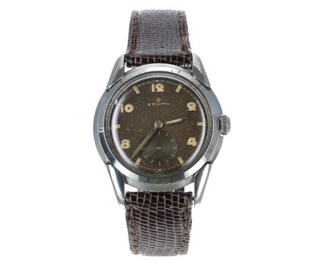 Zenith stainless steel gentleman's wristwatch, serial no. 3554xxx, case no. 8492xxx, circa 1940s, circular black patina dial 