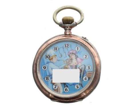 Silver (0.800) erotic pocket watch, cylinder movement no. 742052, inscribed metal hinged cuvette, the printed paper dial with