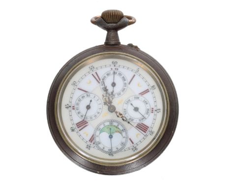 Continental Goliath gunmetal calendar lever pocket watch, bar movement with compensated balance and regulator, hinged cuvette