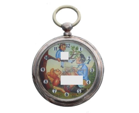 Silver (0.800) erotic pocket watch, cylinder movement, inscribed metal hinged cuvette, the printed paper dial with Arabic num