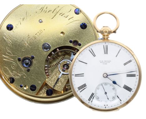 Victorian 18ct lever pocket watch, London 1874, the gilt frosted fusee movement signed F. M. Moore, Belfast, no. 2710, with e