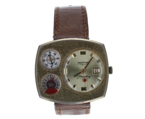 Mortima Mayerling triple dial gilded gentleman's wristwatch, with thermometer and compass, 17 jewels, circa 1960s, brown leat