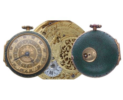 Good English 18th century gilt metal and shagreen verge pocket watch, the fusee movement signed Theo Garlick, Wolverhampton, 