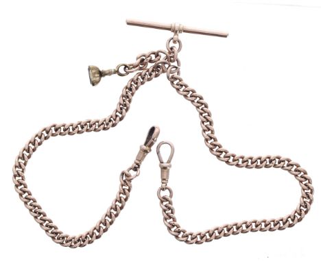 Good 9ct curb link double watch Albert chain, with end clasps and T-bar, each link hallmarked, with an attached gilt metal sm