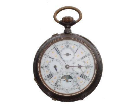 Continental gunmetal calendar lever pocket watch, bar movement with compensated balance and regulator, hinged cuvette, the de