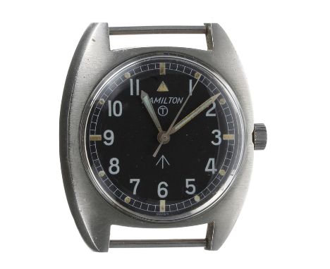 Hamilton British Military Army issue stainless steel wristwatch, black dial with Military arrow, circled T indicating the use