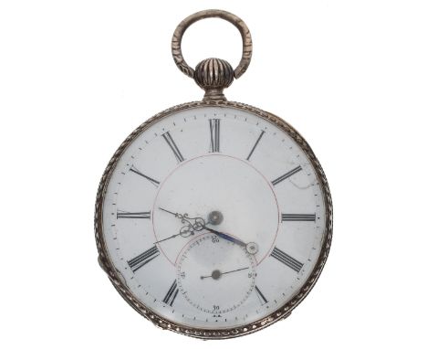 White metal cylinder engine turned pocket watch, interesting foliage engraved movement inset with compass, hinged cuvette ins