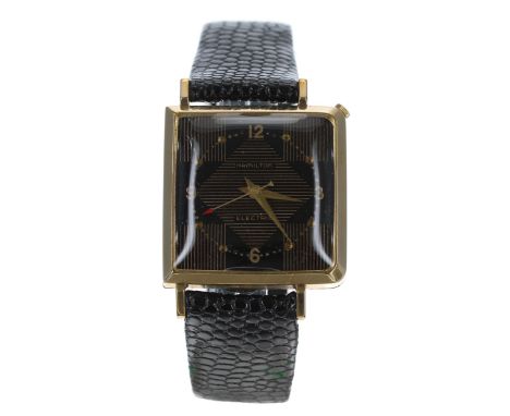 Hamilton Victor Electric square cased 10k gold filled gentleman's wristwatch, case no. S0769xx, circa 1950s60s, square black 