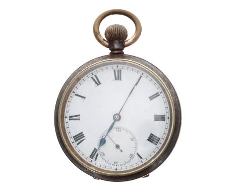 Omega gunmetal lever pocket watch, signed gilt frosted movement with compensated balance and regulator, hinged cuvette, the d