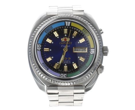 Orient Crystal automatic stainless steel diver's wristwatch, case no. 4696xxxA-7A, blue dial, internal rotating coloured dept