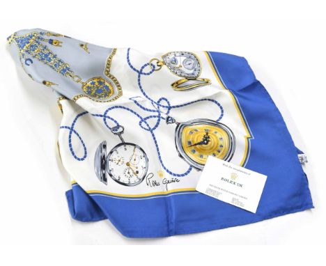 Rolex - Silk scarf depicting various pocket watches on a white and blue ground, signed Rolex, Geneve, within packaging and wi