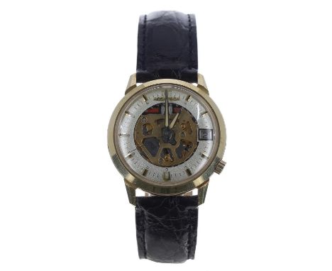 Bulova Accutron 14ct gentleman's wristwatch, case no. J114xxx, circa 1971, skeletonised dial with silvered chapter with hour 
