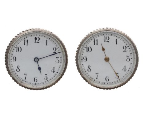 Two white metal manual wind timepieces, one for repair, 32mm 