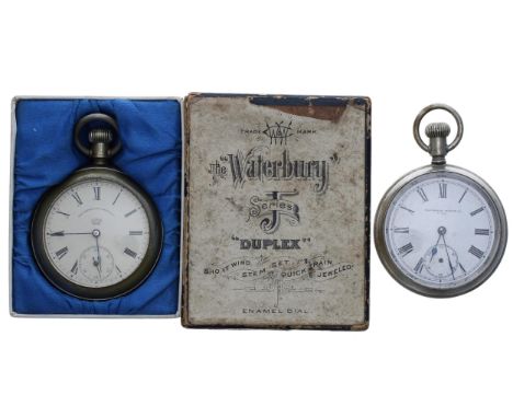 Waterbury Series J nickel cased duplex pocket watch for repair, 53mm; with box; together with a Waterbury 'The Trump' Series 