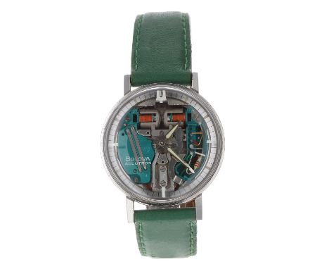 Bulova Accutron 'Spaceview' stainless steel gentleman's wristwatch, case no. 1-227xxx, circa 1964, skeletonised dial with gre