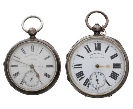 Two Victorian silver lever engine turned pocket watches, unsigned movements, inscribed Roman numeral dials, 58mm and 52mm 