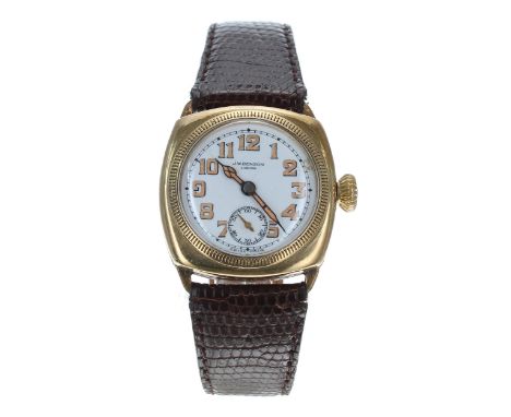 Stauffer, Son & Co. for J.W. Benson 9ct Borgel square cushion cased gentleman's wristwatch, import hallmarks for Glasgow 1935