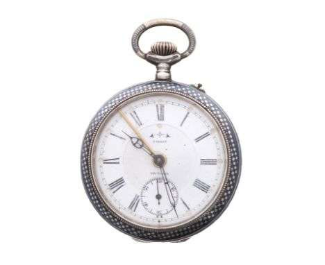 Swiss Patent Niello white metal (.800) alarm pocket watch, Patent no. 42203, the dial signed 'Victoria', with Roman numerals,