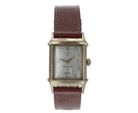 Elgin Shockmaster 10k rolled gold and stainless steel gentleman's wristwatch, rectangular silvered dial with gilt 12-3-9 and 