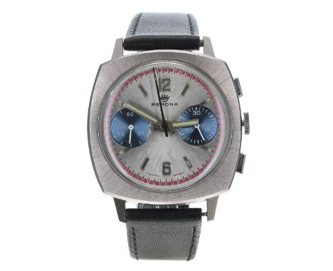 Perona Chronograph stainless steel gentleman's wristwatch, reference no. 1232, circa 1970s, silvered dial with hour baton mar