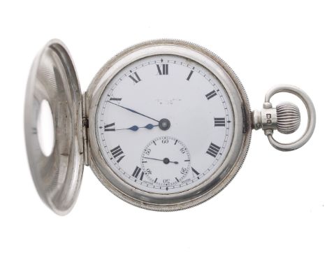 Swiss silver lever half hunter pocket watch, Birmingham 1925, 15 jewel 2 adjust. movement, hinged cuvette, Roman numeral dial