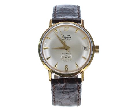 Avia Daytyme automatic gold plated and stainless steel gentleman's wristwatch, circa 1960s, silvered dial day and date apertu