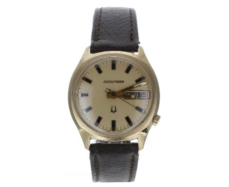 Bulova Accutron 14ct gold filled gentleman's wristwatch, case no. A06xxx, circa 1970, circular champagne dial with applied ba
