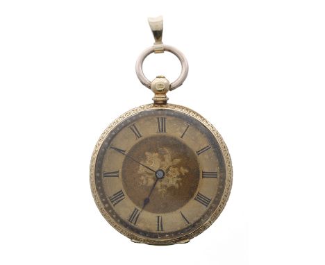 Attractive 18ct cylinder engraved fob watch, gilt bar movement, 18ct hinged cuvette, gilt dial with Roman numeral chapter enc