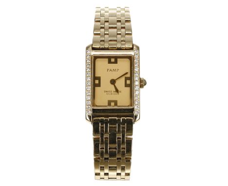 Pamp 18ct and diamond rectangular wristwatch, case no. QTU.00xxx, circa 2001, 18ct rectangular dial, gilt hands, diamond set 