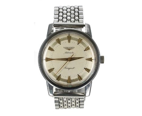 Longines Conquest automatic stainless steel gentleman's wristwatch, reference no. 9000, serial no. 10474xxx, circa 1957, silv