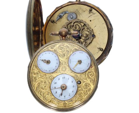 French gilt metal calendar verge pocket watch, unsigned gilt movement with pierced balance bridge, three arm balance and regu