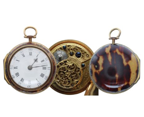 English 18th century gilt metal and tortoiseshell verge pair cased pocket watch, the fusee movement signed Chas Barnett, Lond