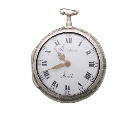Continental white metal verge pair cased repousse pocket watch, the fusee movement signed Theodore Avril, with pierced engrav