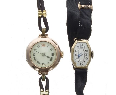 9ct lady's wristwatch, London 1919, enamel dial, brown leather strap, 17.9gm 27mm (at fault); together with an Eterna 18ct oc
