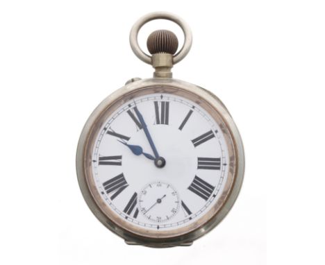 Omega Goliath nickel cased lever pocket watch, bold Roman numeral dial with a subsidiary seconds dial, blued steel spade hand