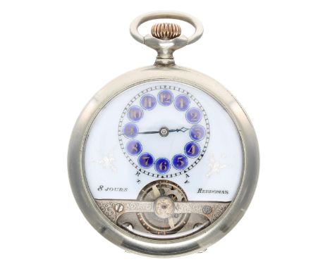 Hebdomas 8 Days nickel cased pocket watch, the decorated dial signed Hebdomas with blue enamel Arabic numerals over a visible