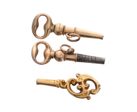 Three assorted Victorian gold mounted pocket watch keys, including two similar ratchet examples, 4.1gm (3) 