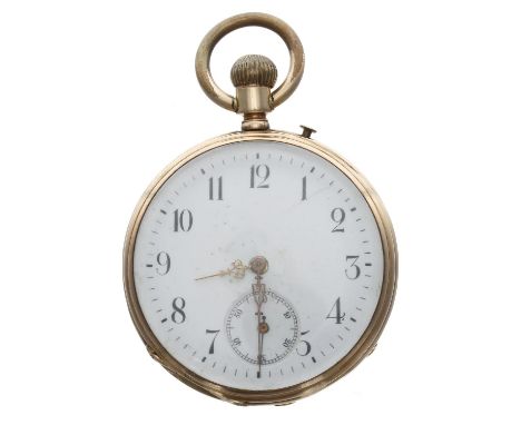 14ct lever pocket watch, unsigned gilt frosted movement, the dial with Arabic numerals and subsidiary seconds dial, inscribed