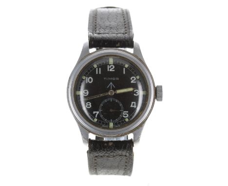 Timor British Military stainless steel gentleman's wristwatch, black dial with Military arrow, Arabic numerals, minute track 